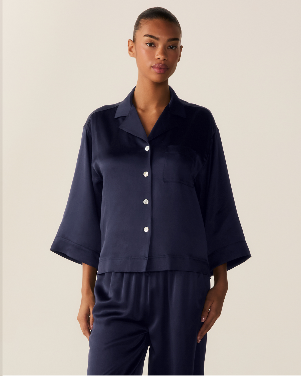The Olivia Wide Leg Silk Pajama Set in Navy