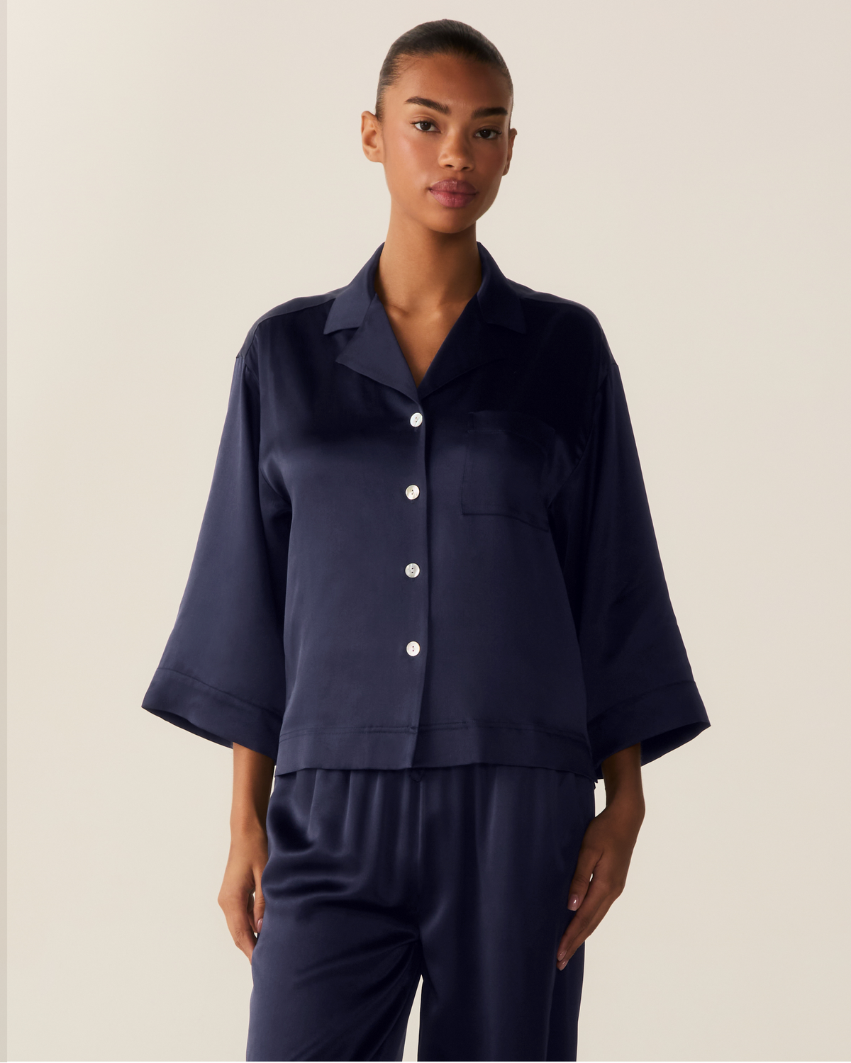 The Olivia Wide Leg Silk Pajama Set in Navy