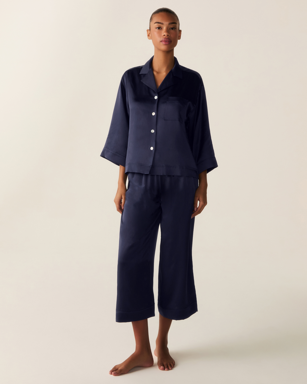 The Olivia Wide Leg Silk Pajama Set in Navy