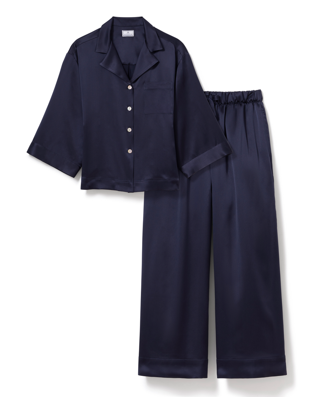 The Olivia Wide Leg Silk Pajama Set in Navy