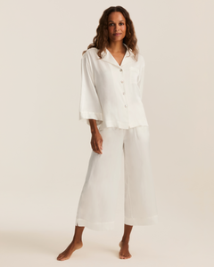 The Olivia Wide Leg Silk Pajama Set in White