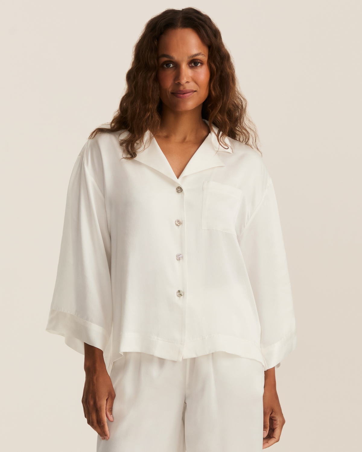 The Olivia Wide Leg Silk Pajama Set in White