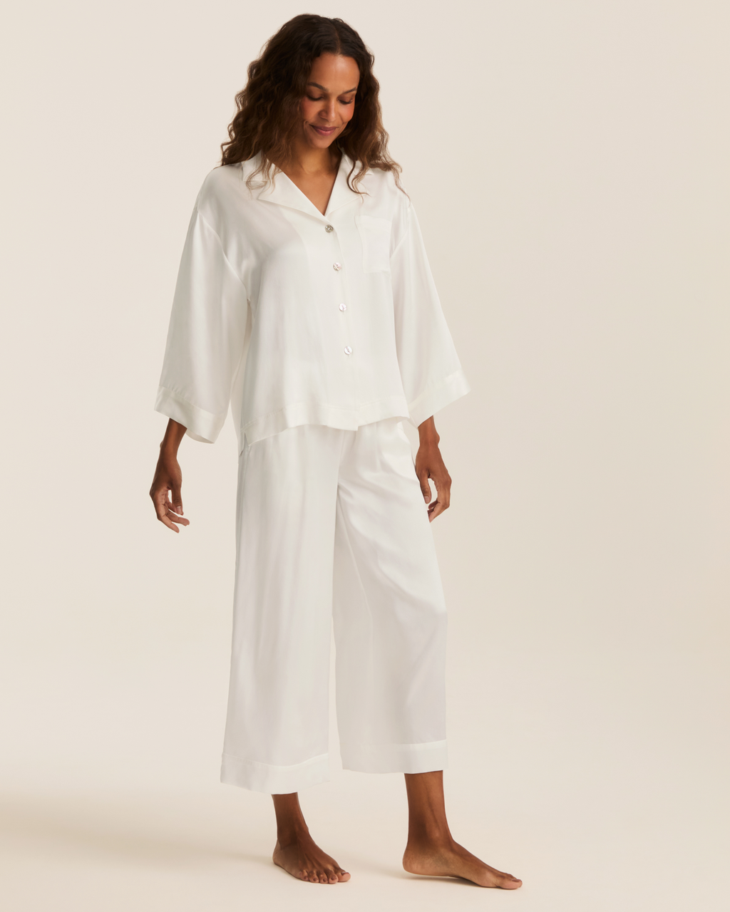 The Olivia Wide Leg Silk Pajama Set in White
