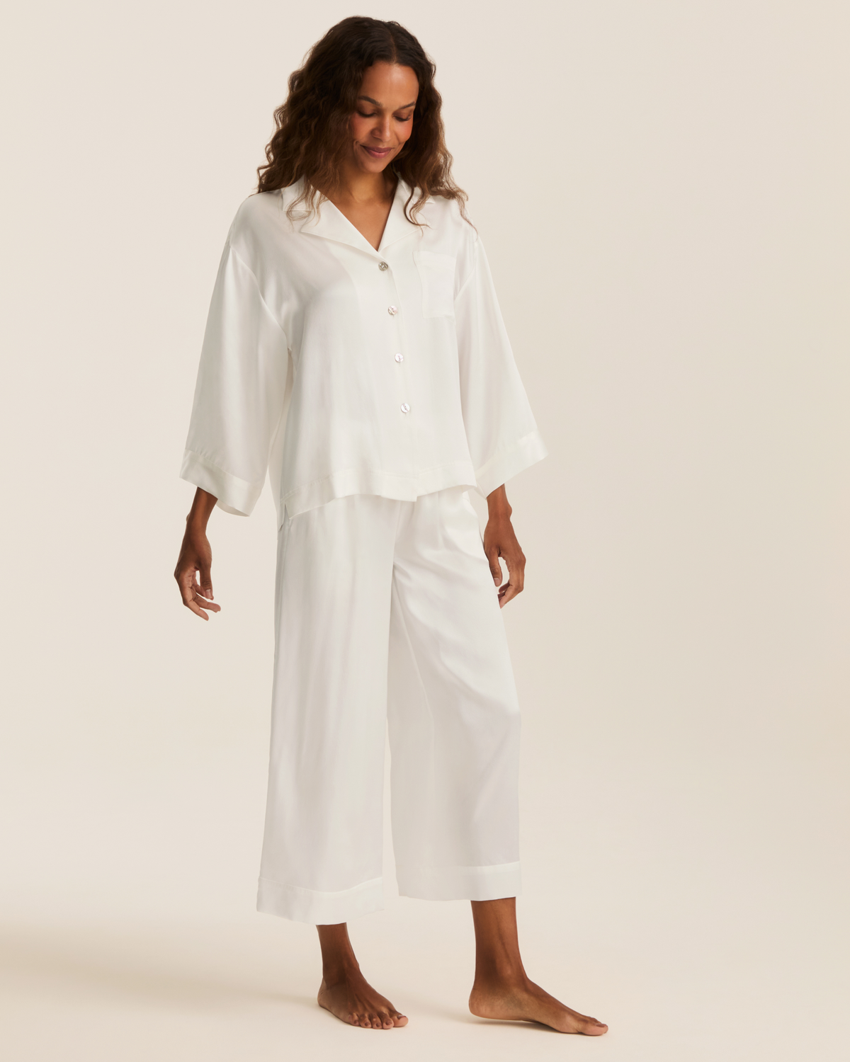 The Olivia Wide Leg Silk Pajama Set in White