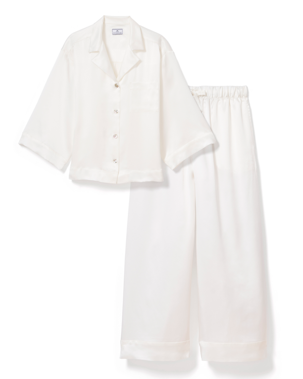 The Olivia Wide Leg Silk Pajama Set in White