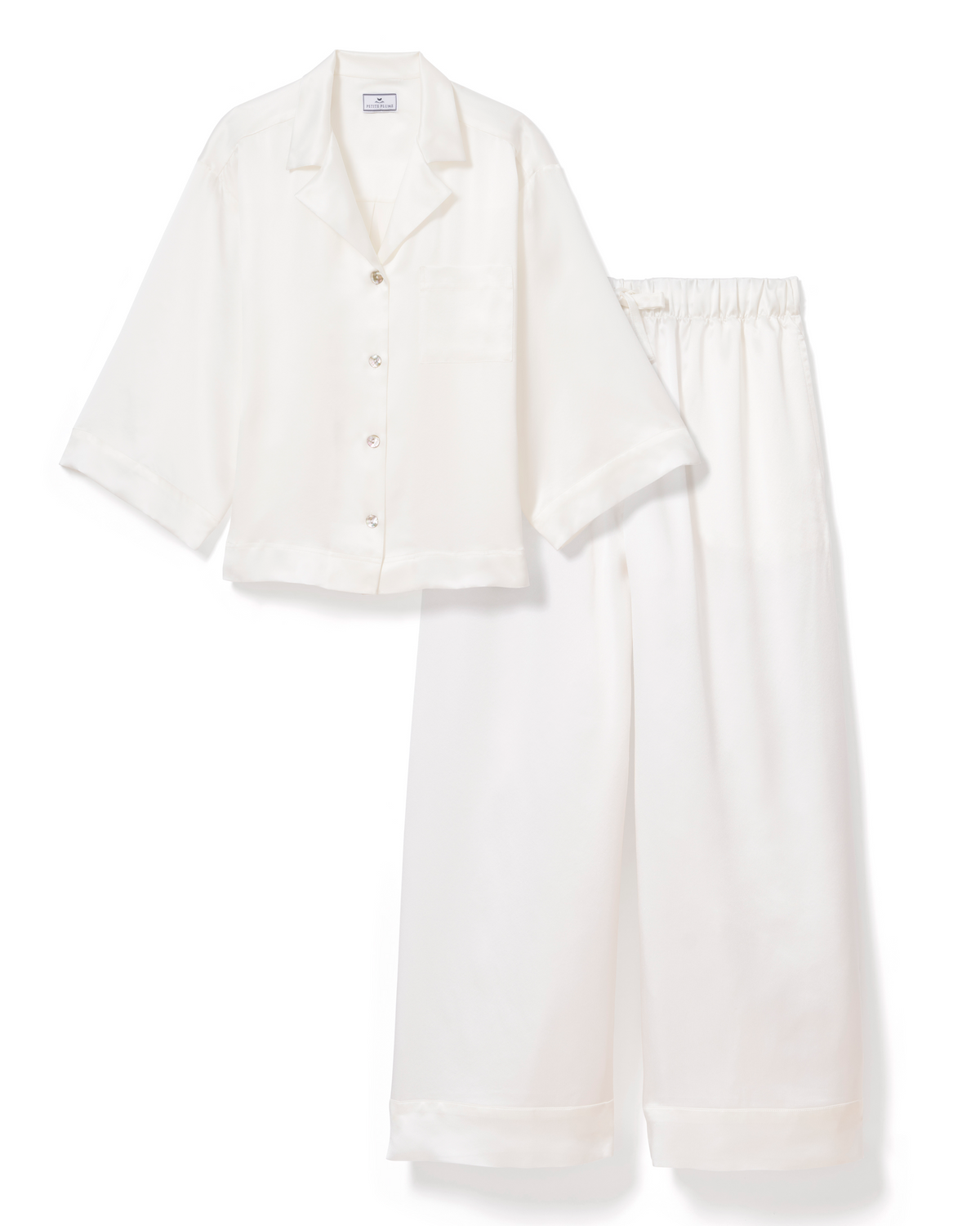 The Olivia Wide Leg Silk Pajama Set in White