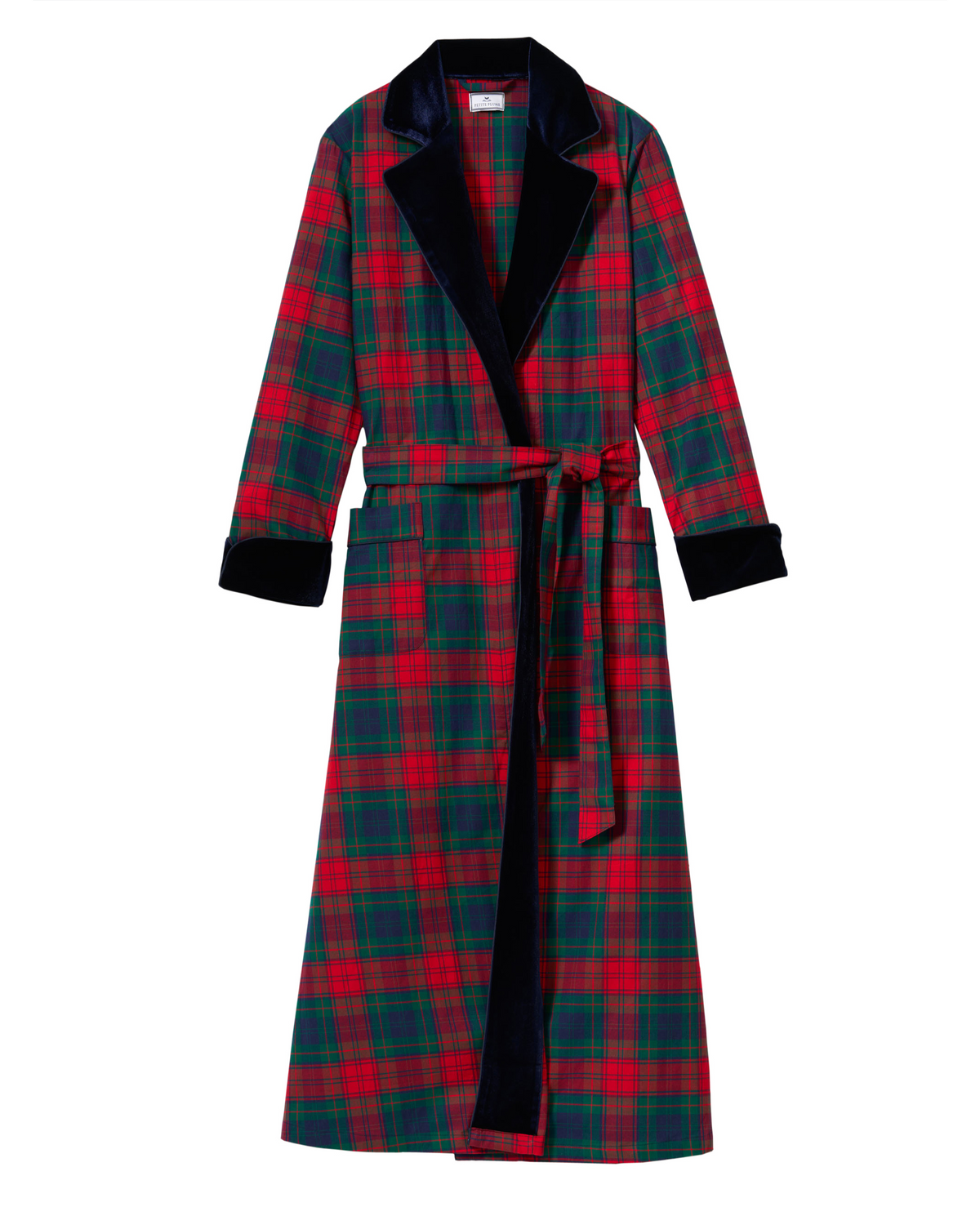 Front view of women’s brushed twill velvet trim robe in St. James Tartan showing adjustable sash on white background