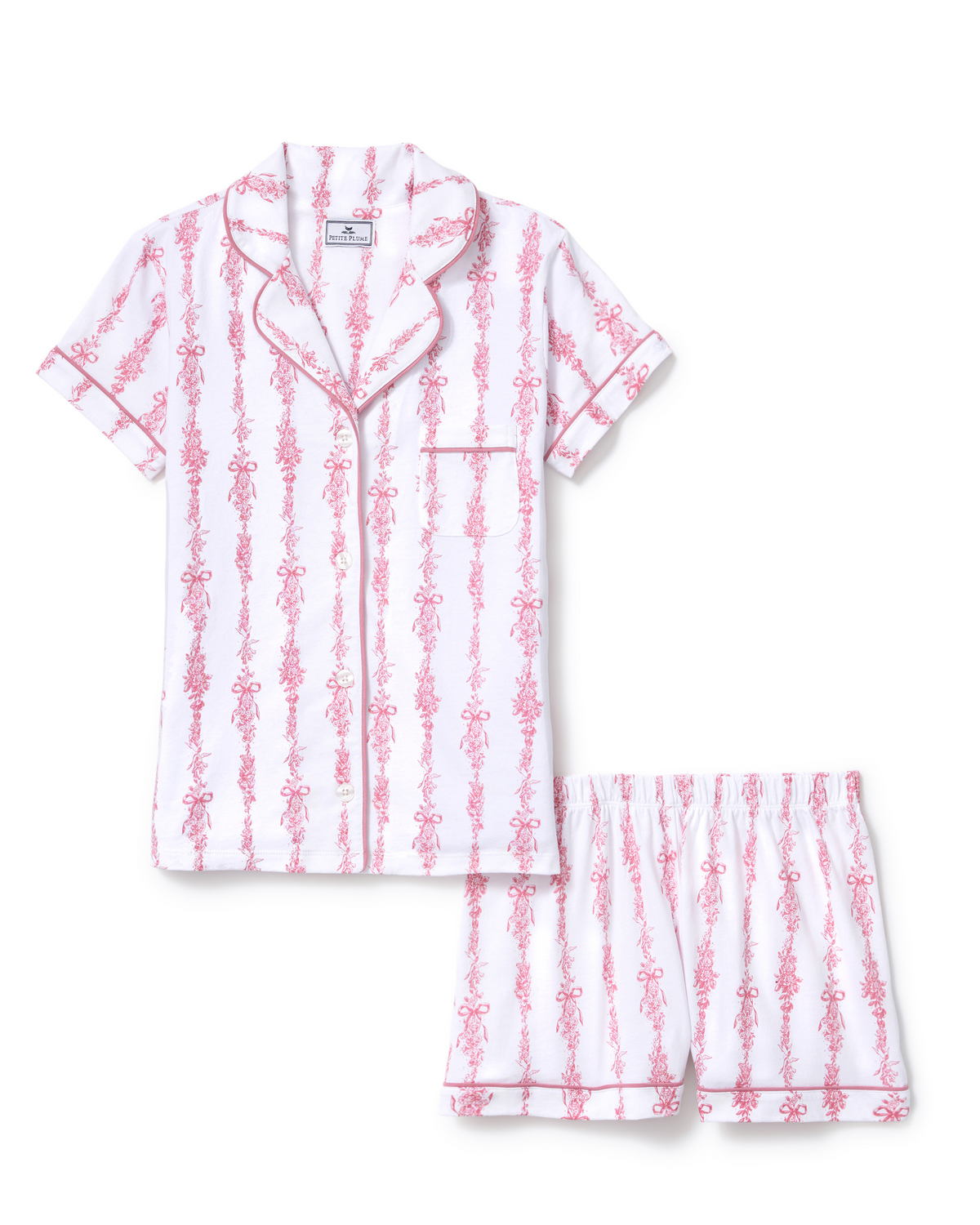 Front view of Poppy short pajama set in Pink Mayfair Toile showcasing piped collared shirt and shorts on white background