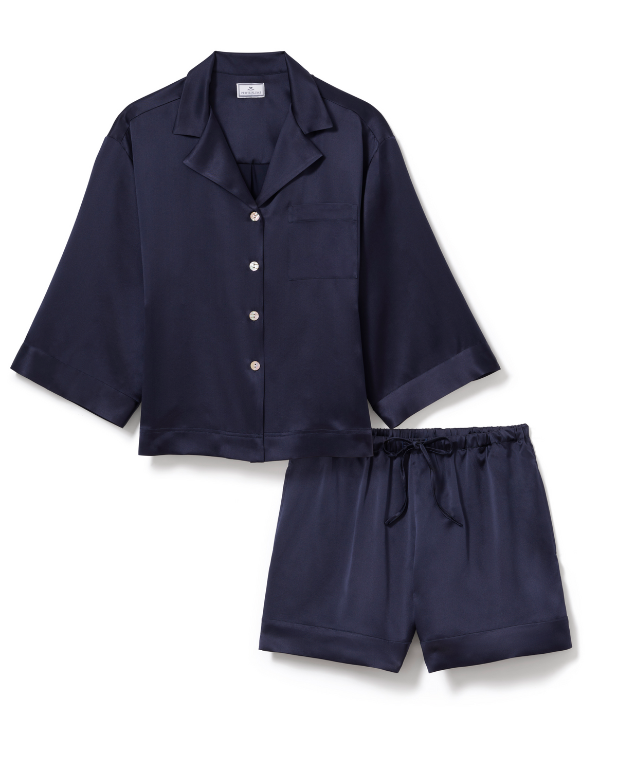 Front view of The Olivia Silk Short Set in Navy with three-quarter length sleeves and mid-thigh shorts on white background