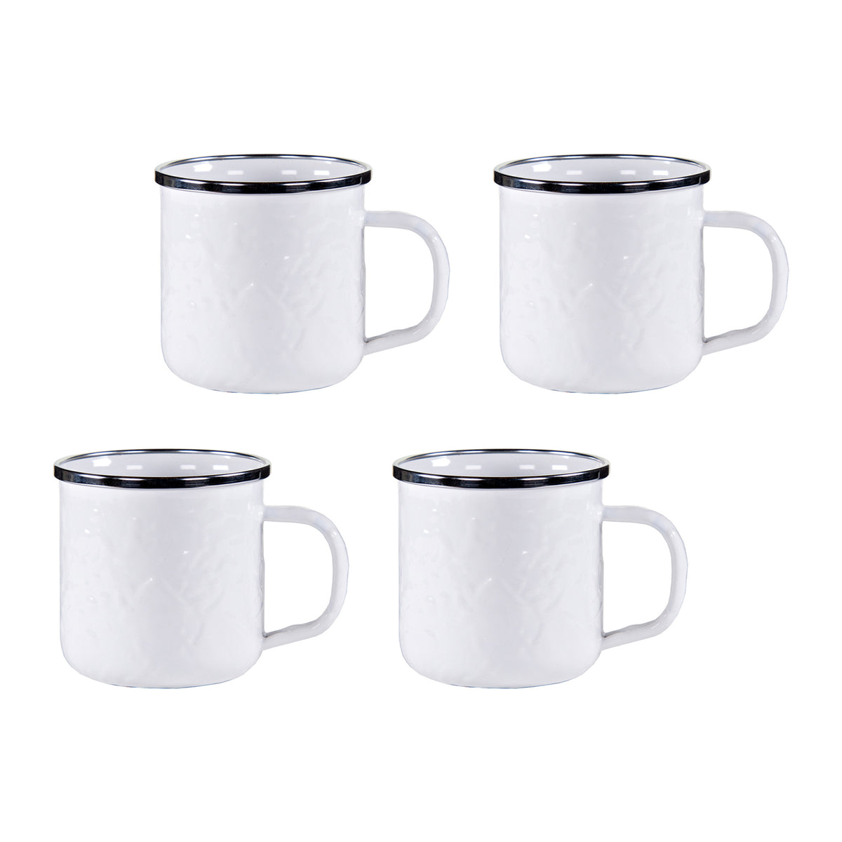 Front view of Adult Mugs in Solid White, Set of 4 showing porcelain enamel mugs with stainless steel rims on white background