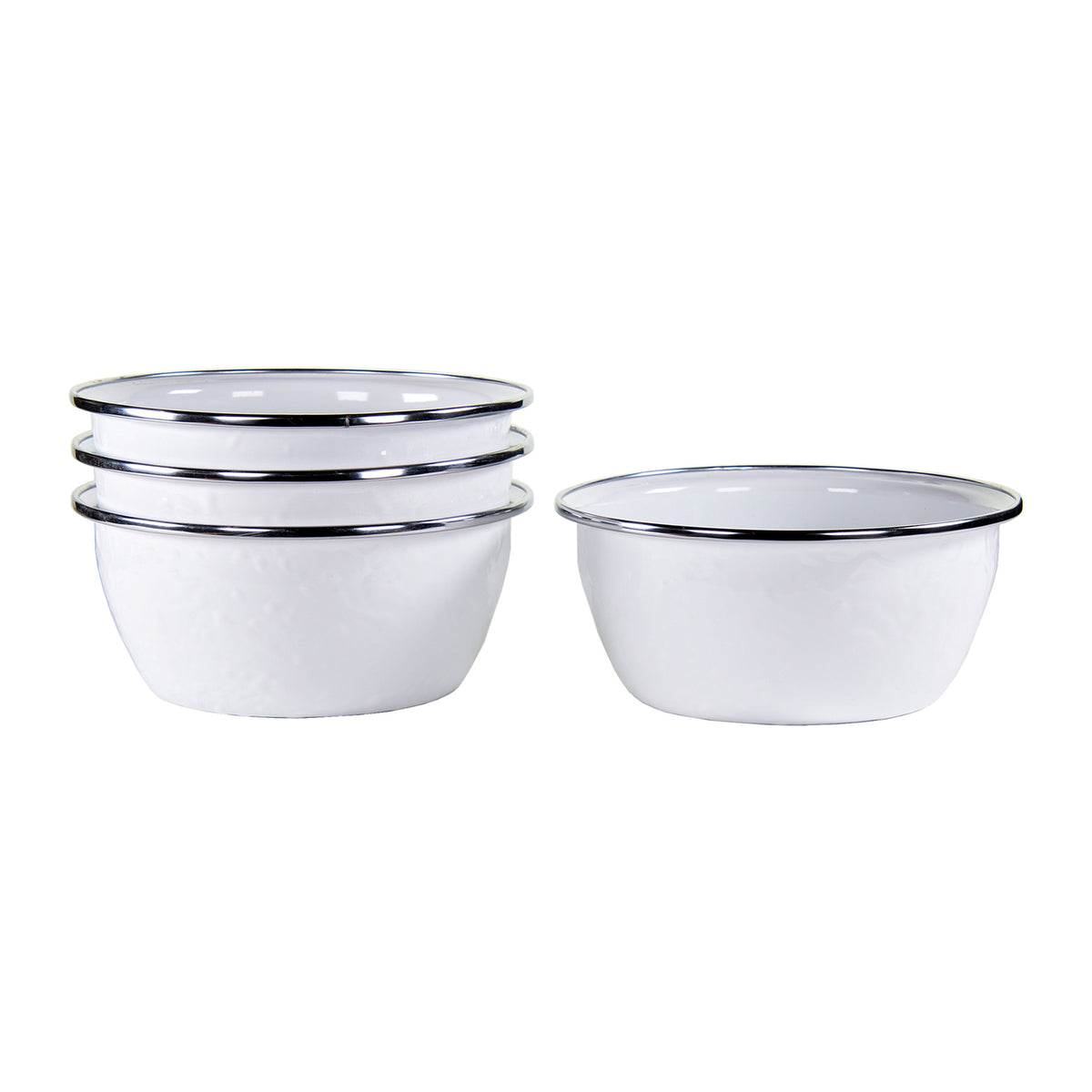 Front view of Salad Bowls in Solid White, Set of 4 showcasing stainless steel trim with white background