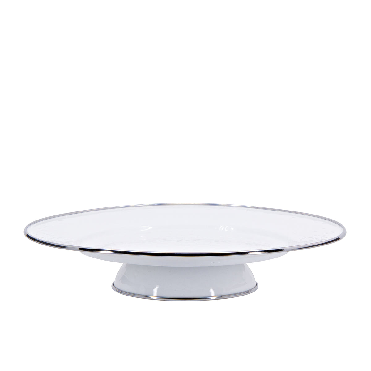 Side view of Cake Plate in Solid White showcasing its raised pedestal and stainless steel trim with a white background