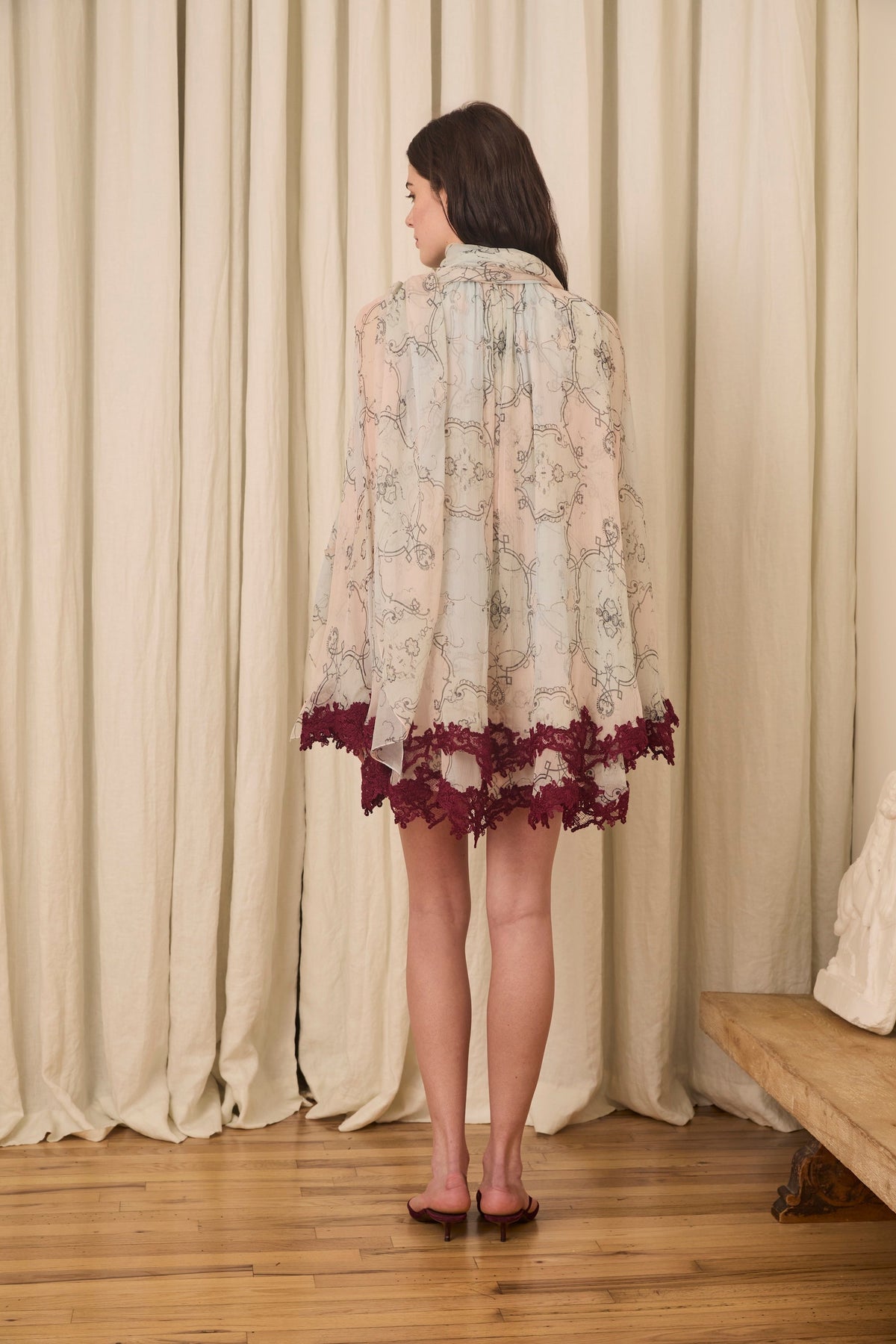 Wylie Scarf Dress in Printed Crinkled Chiffon with Mohair Lace Trim