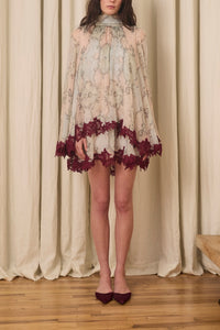 Wylie Scarf Dress in Printed Crinkled Chiffon with Mohair Lace Trim