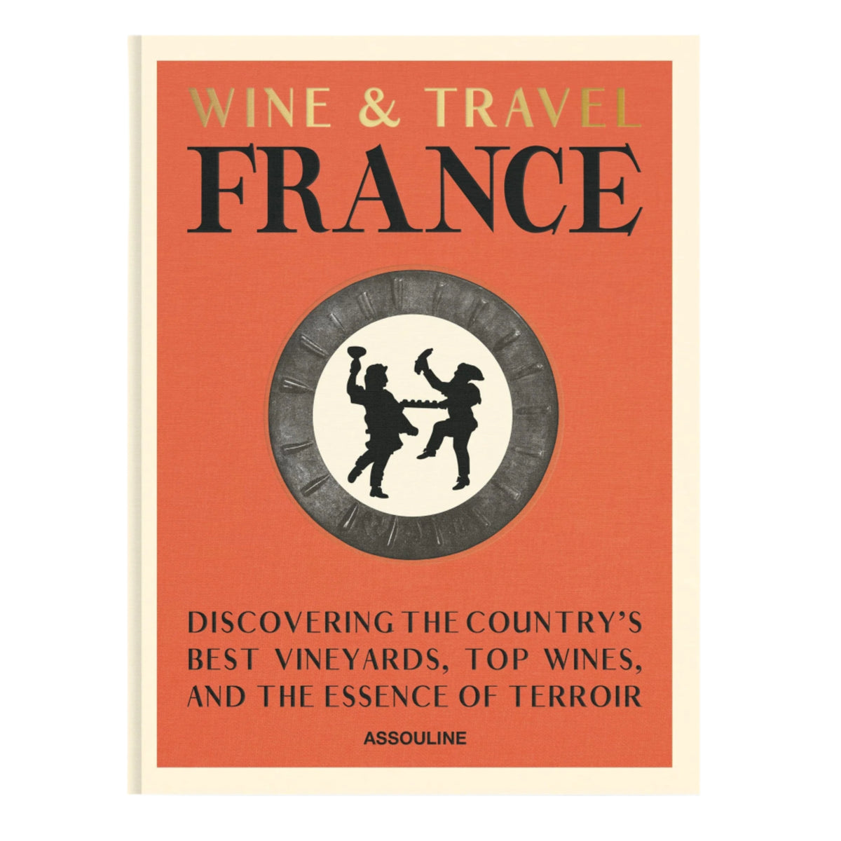 Front view of Wine & Travel France linen hardcover book showcasing coral cover, dancing figures, and cover text