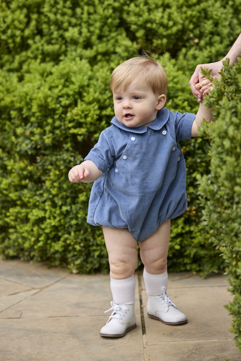 little english classic children's clothing, baby boys stormy blue corduroy bubble with collar and buttons at chest for fall 