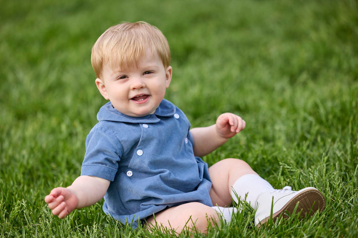 little english classic children's clothing, baby boys stormy blue corduroy bubble with collar and buttons at chest for fall 