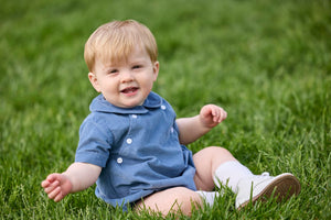 little english classic children's clothing, baby boys stormy blue corduroy bubble with collar and buttons at chest for fall 