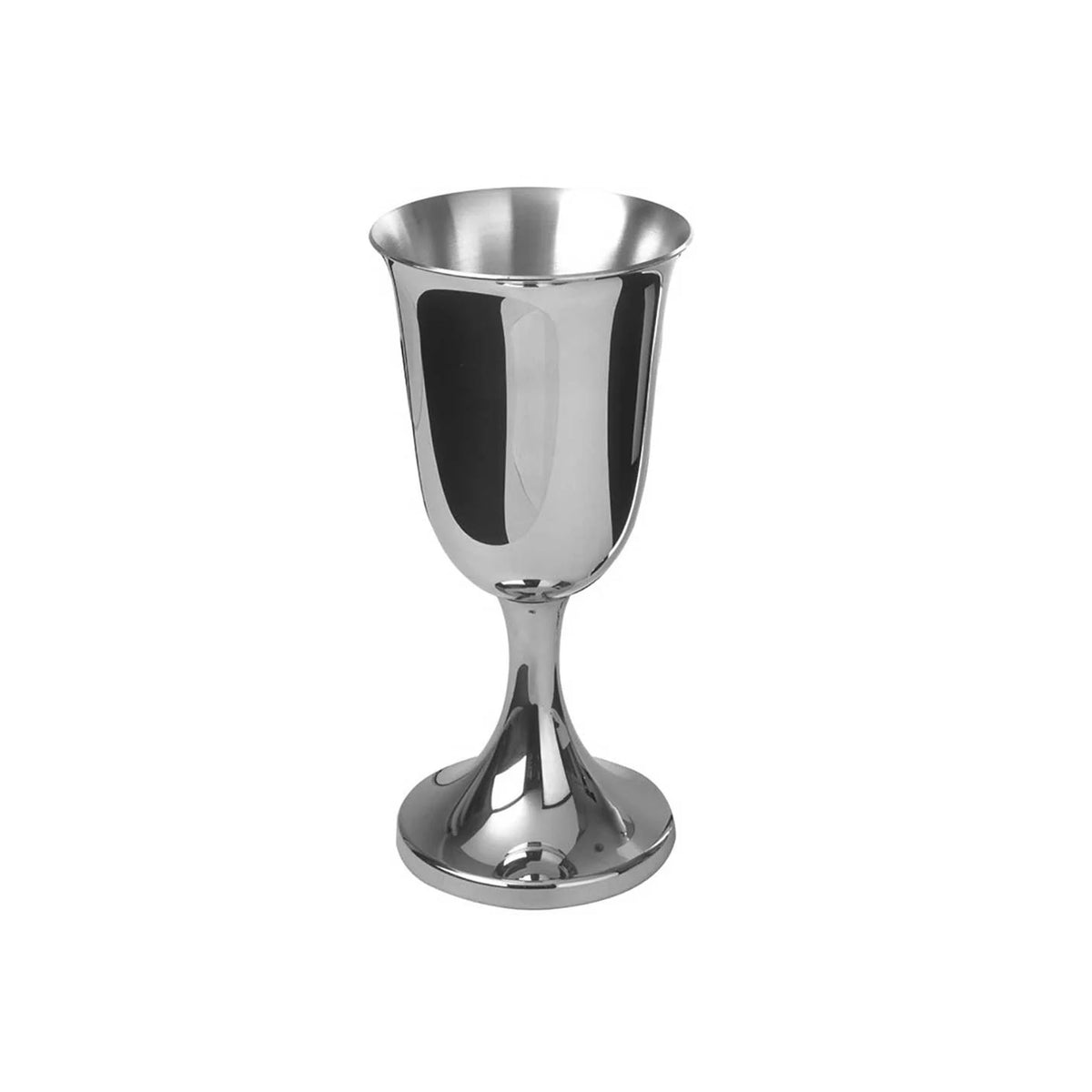 Front view of pewter water goblet showcasing polished reflective finish and flared rim on white background