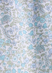 Little English traditional children's clothing. Aqua, blue and green Waterbury Floral fabric swatch