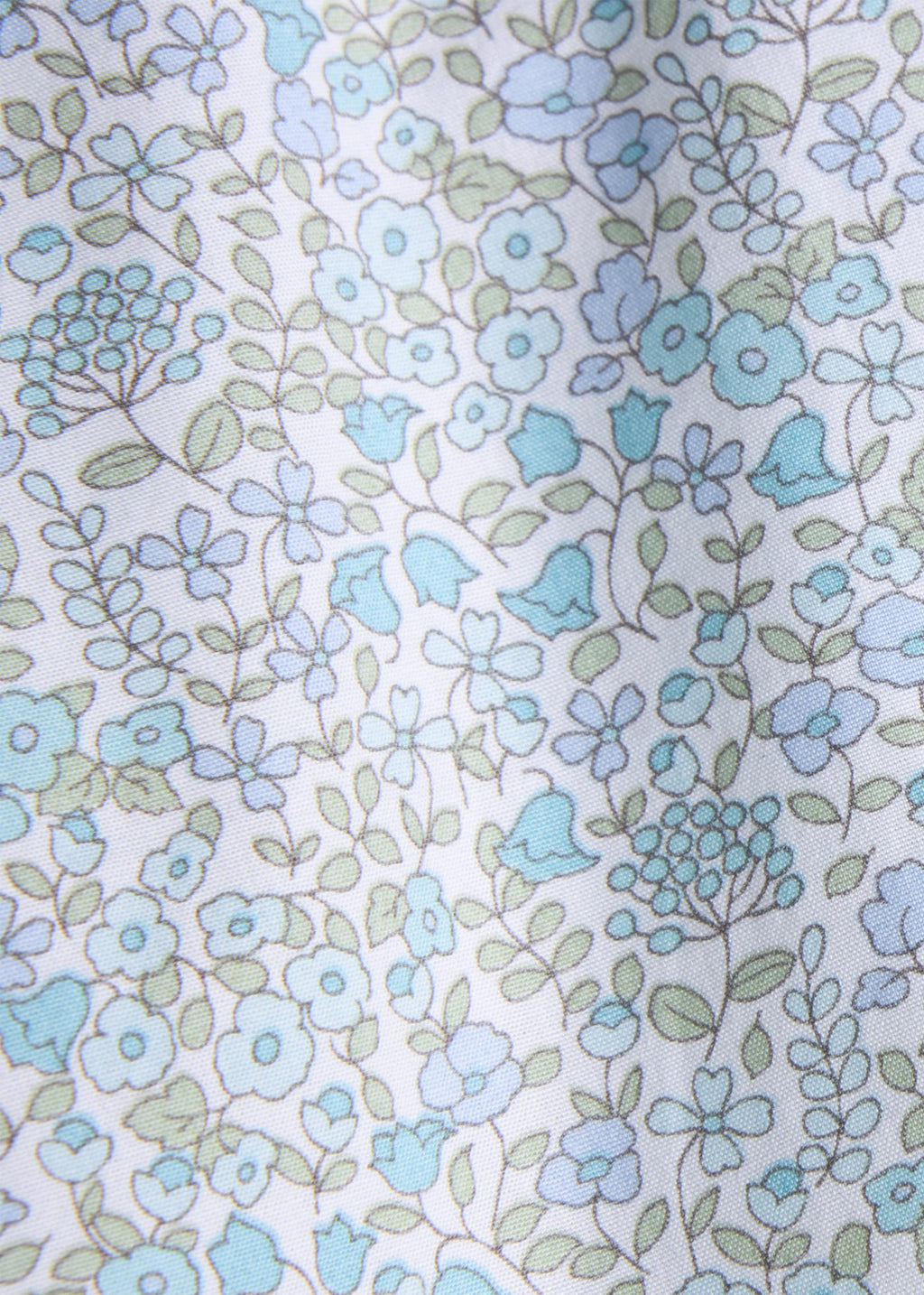 Little English traditional children's clothing. Aqua, blue and green Waterbury Floral fabric swatch