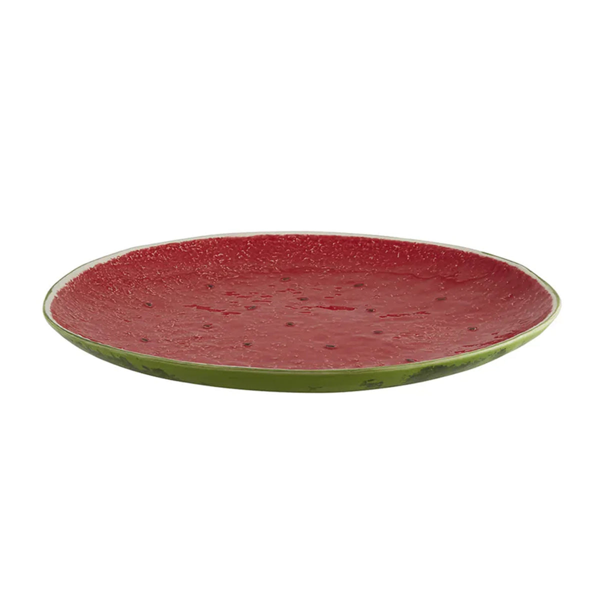 Angled view of Watermelon Centerpiece showcasing red fruit interior and green rind with white background