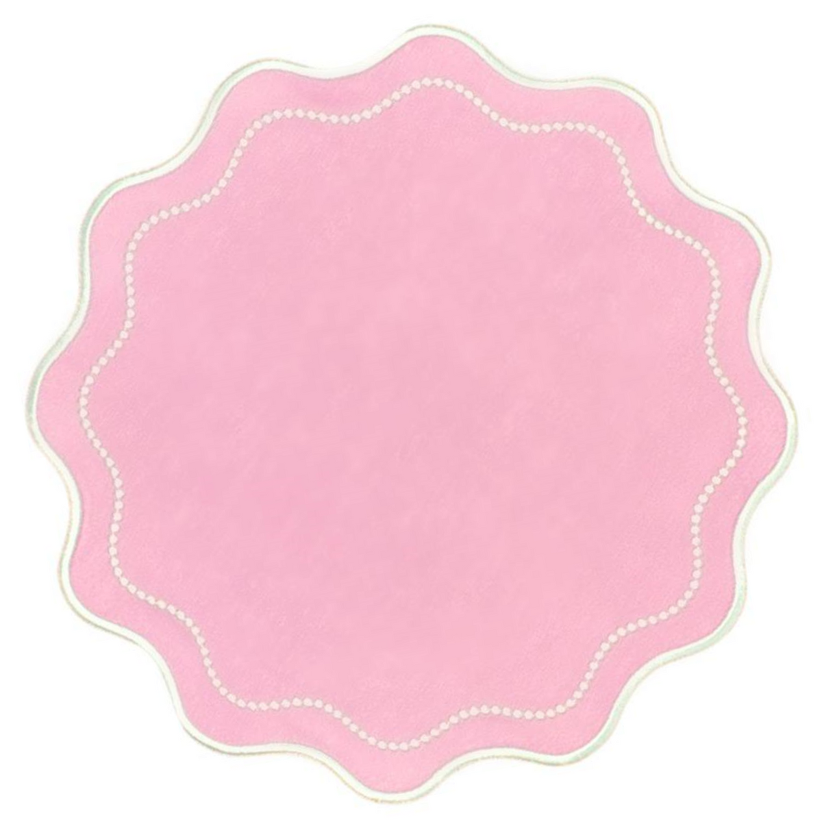 Top view of Waverly Placemat in Pink, Set of 4 showcasing wavy scalloped edges and delicate silk embroidery