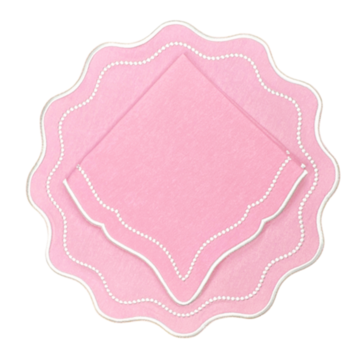 Top view of Waverly Placemat in Pink, Set of 4 showcasing wavy scalloped edges and delicate silk embroidery on white