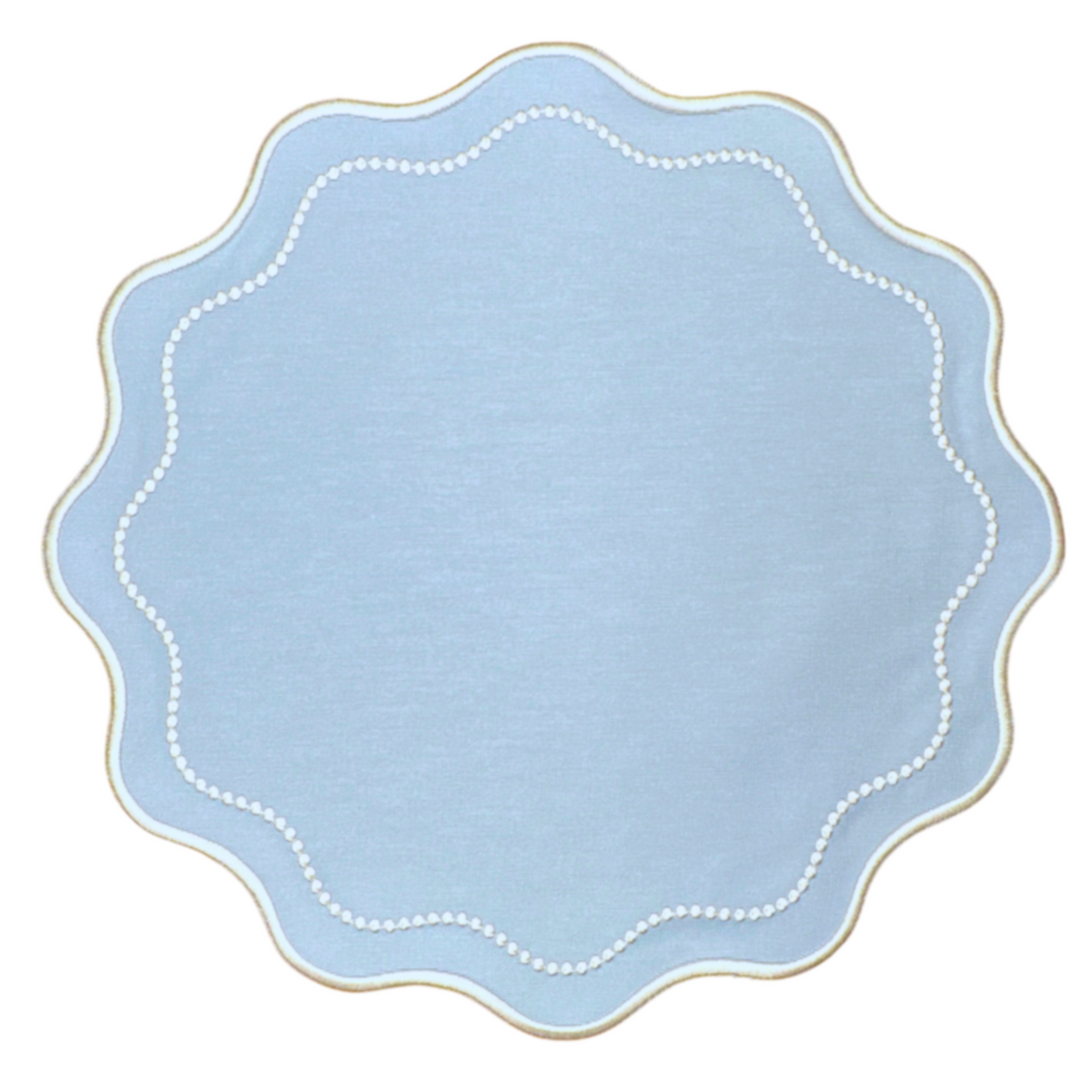 Top view of Waverly Placemat in Blue, Set of 4 showcasing scalloped edges and dotted silk embroidery on a white background