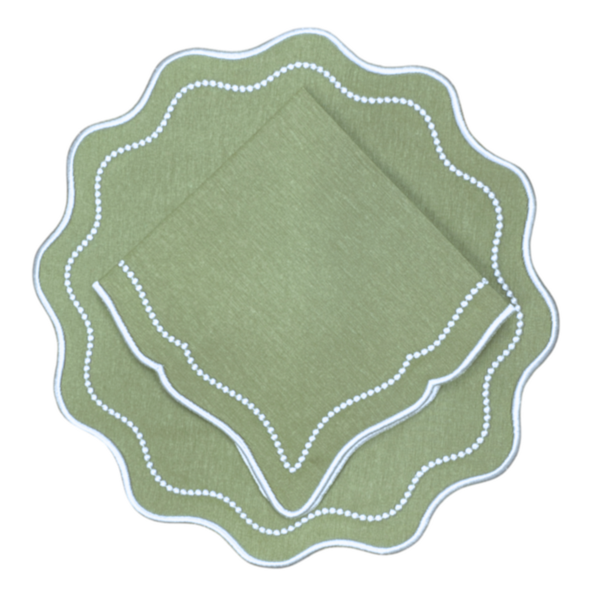 Top view of Waverly Placemat in Sage, Set of 4 showcasing scalloped edges and dotted silk embroidery on white background