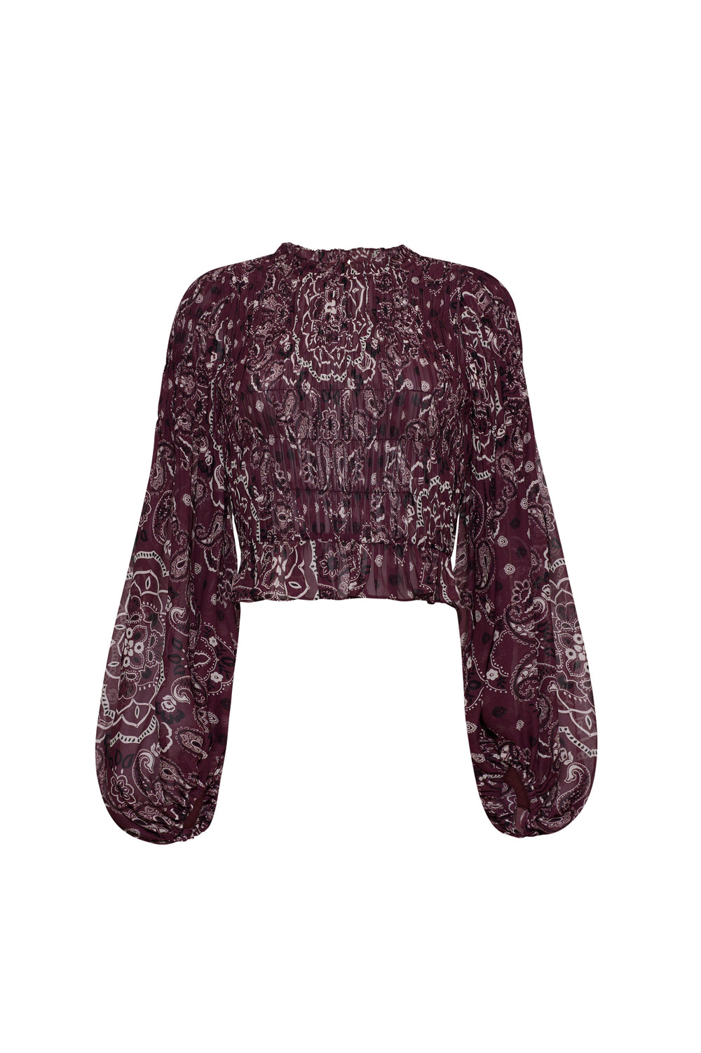 Front view of Weston Top in Bandana Plum showcasing allover print, smocked bodice, ruffled neckline, and billowing sleeves on white background