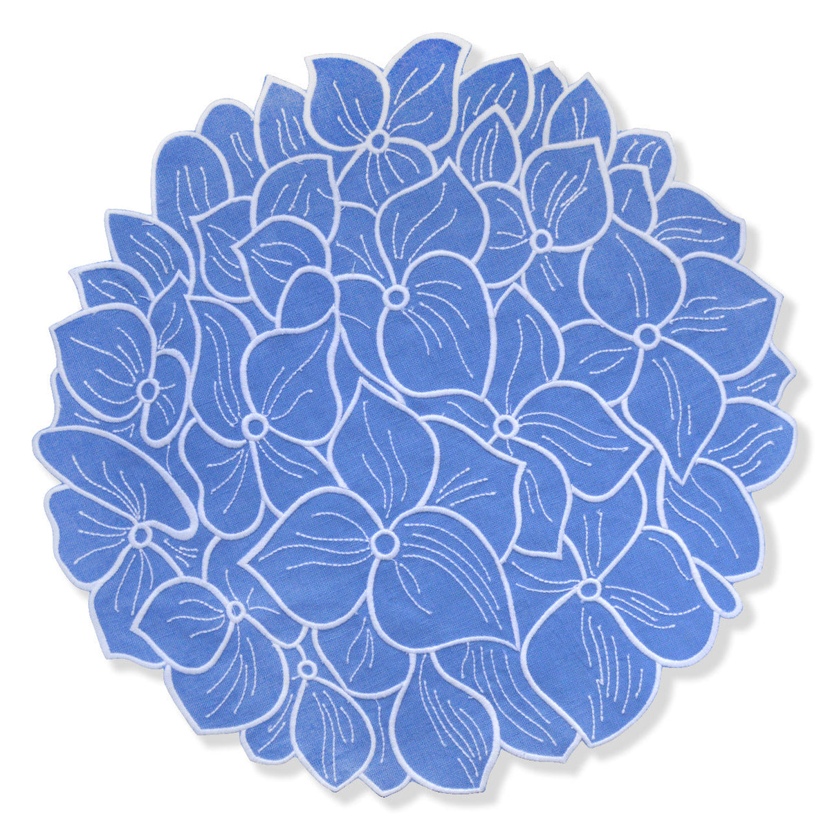 Top view of Hydrangea Placemat showcasing overlapped blue hydrangea flowers with white thread on a white background