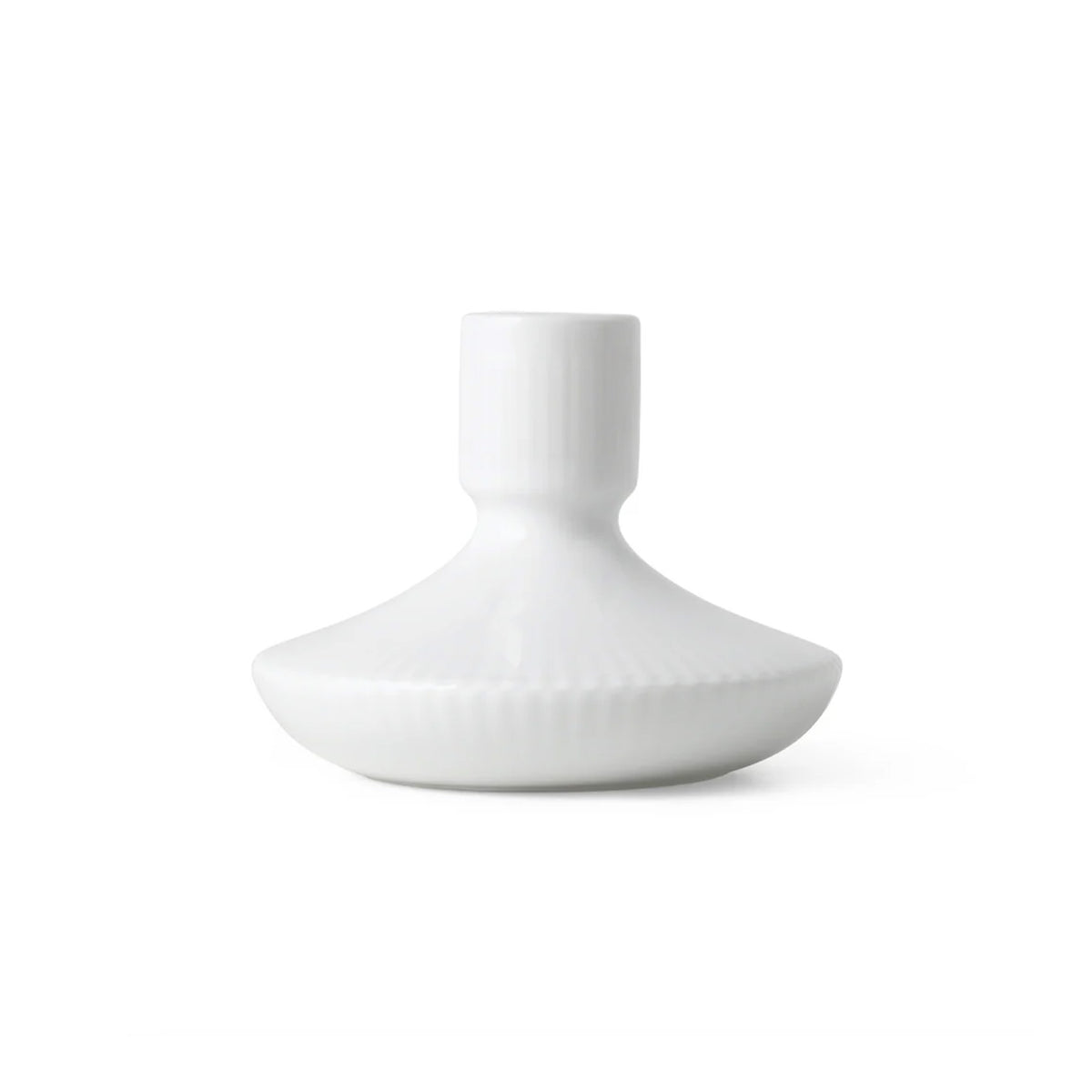 Front view of White Fluted Candlestick showcasing its fluted porcelain design with a white background