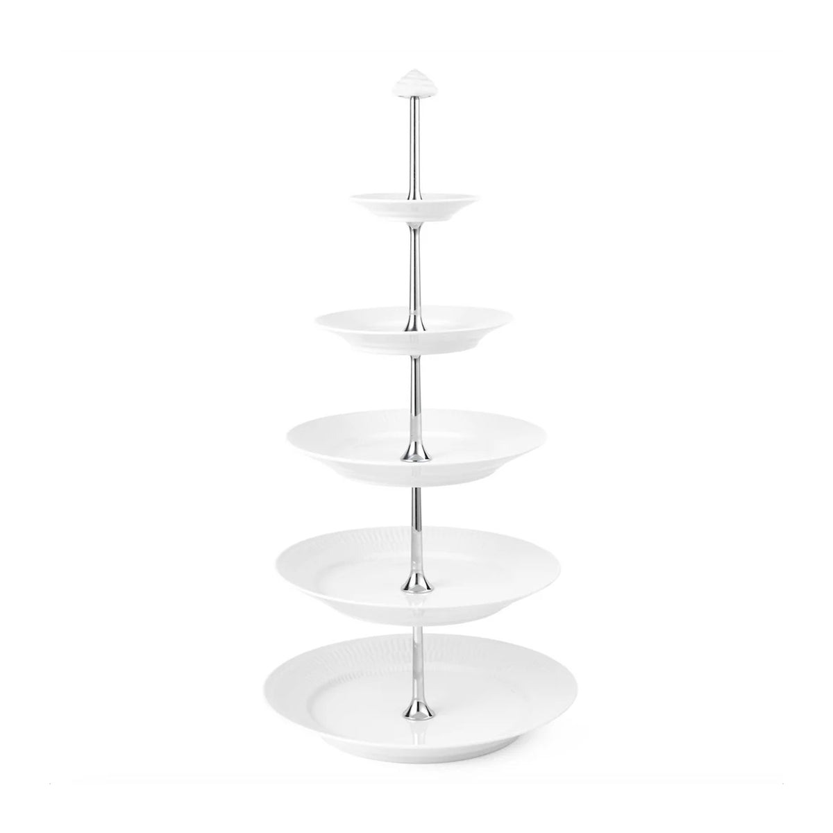 Front view of White Fluted Etagere 5 layers showcasing five stacked fluted serving plates on a central metal rod with a white background