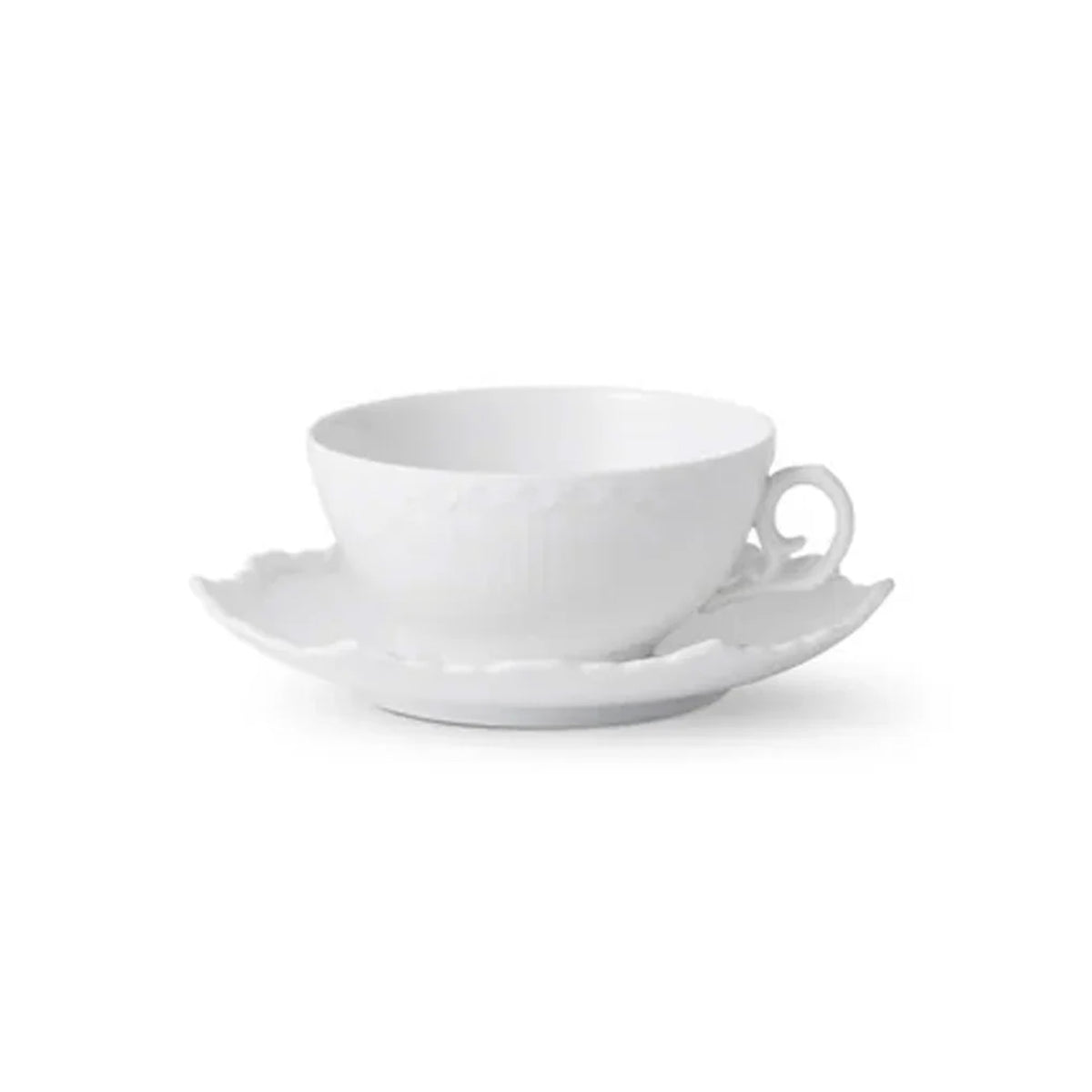 Front view of White Fluted FL tea cup and saucer showcasing fluted porcelain design on a white background