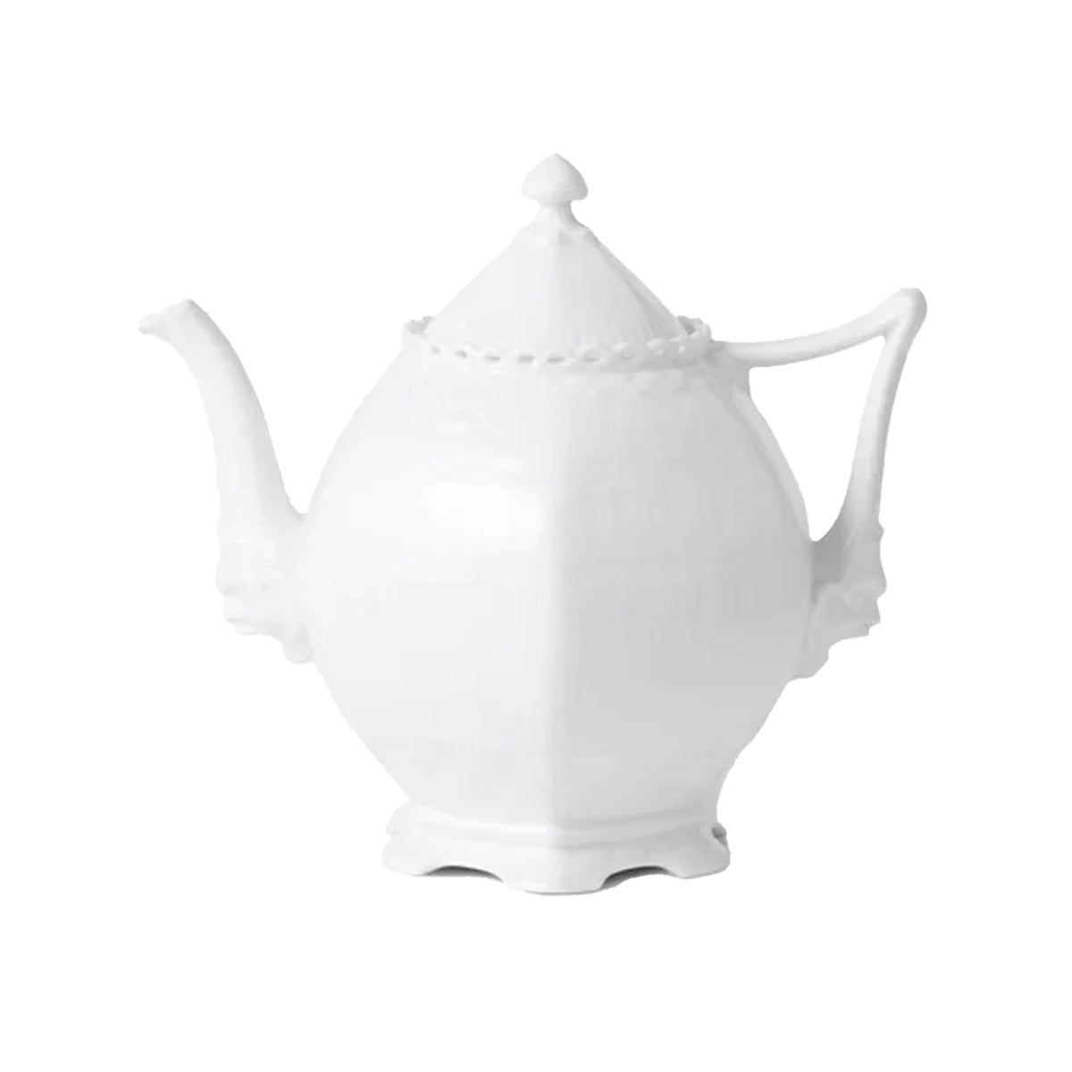 Front view of White Fluted Full Lace Teapot showcasing lace-like trim, curved spout and handle on white background