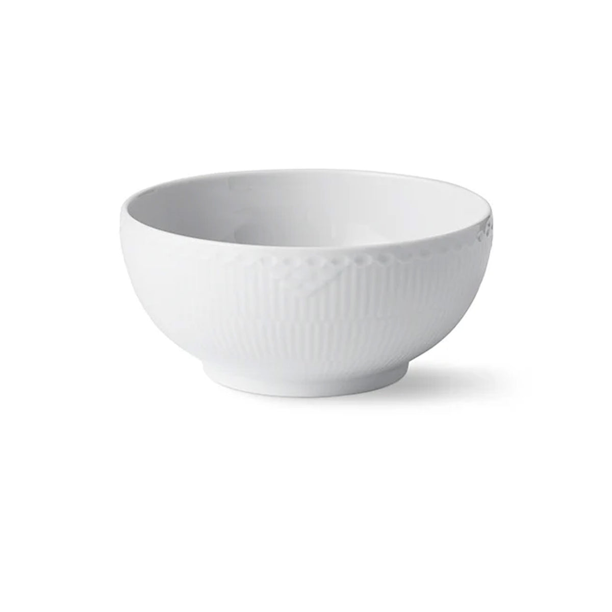 Front view of White Fluted Half Lace Bowl showcasing fluted porcelain design with a white background