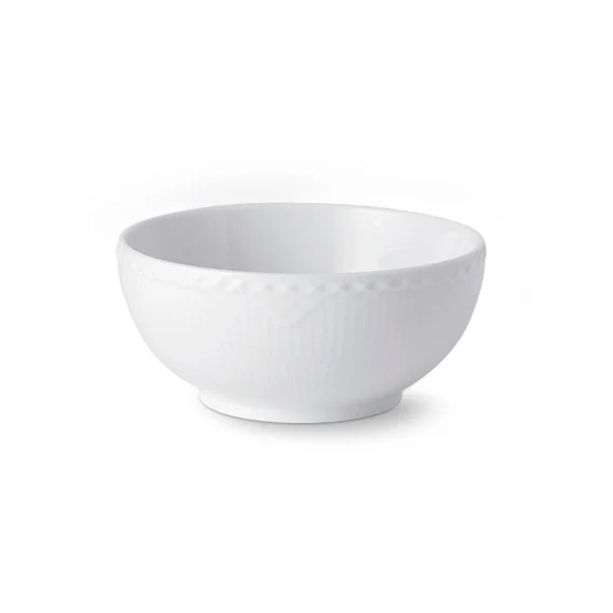 Front view of White Fluted Half Lace Bowl 73c showcasing fluted porcelain and lace detailing on a white background