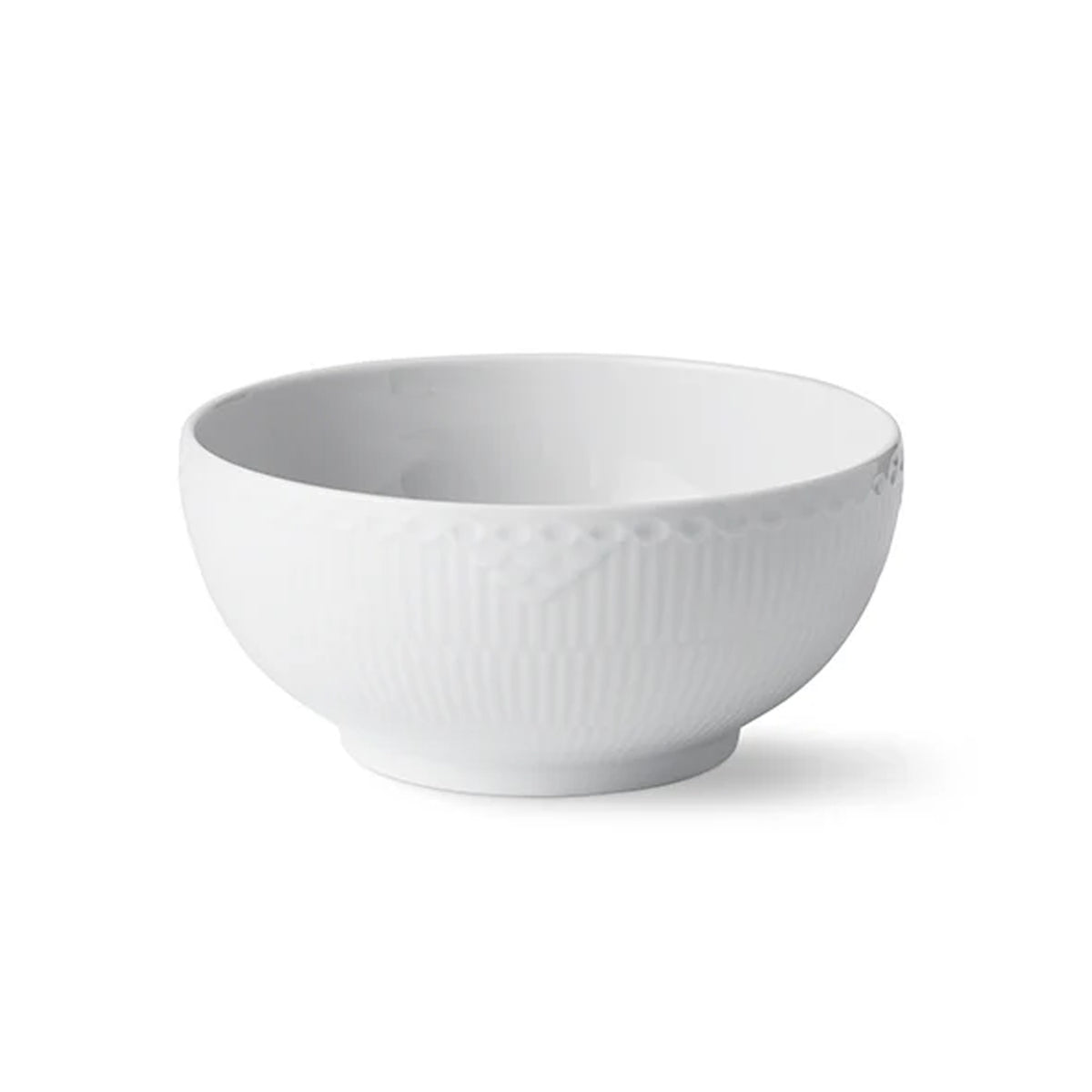 Front three-quarter view of White Fluted Half Lace Bowl showcasing vertical fluting and lace detailing with a white background