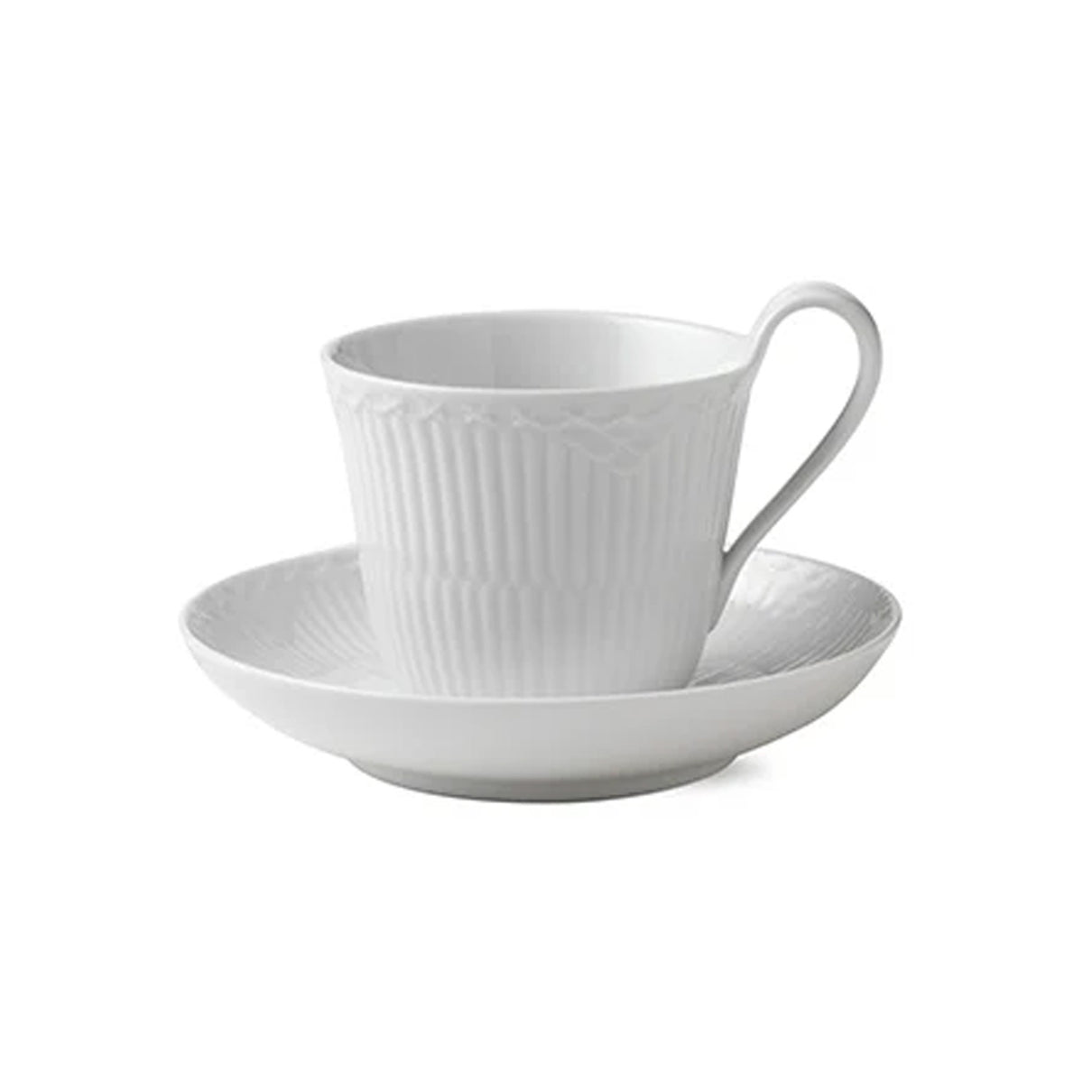 Front view of White Fluted Half Lace Cup and Saucer showcasing fluted porcelain and lace detailing on a white background