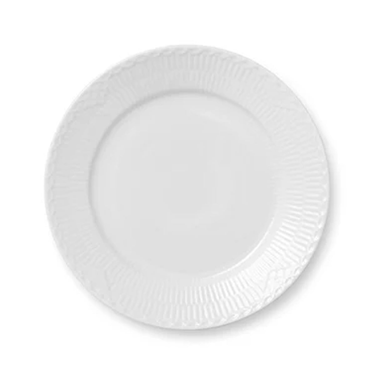 Top view of the White Fluted Half Lace Plate 22cm showcasing a fluted rim and lace edge on a white background