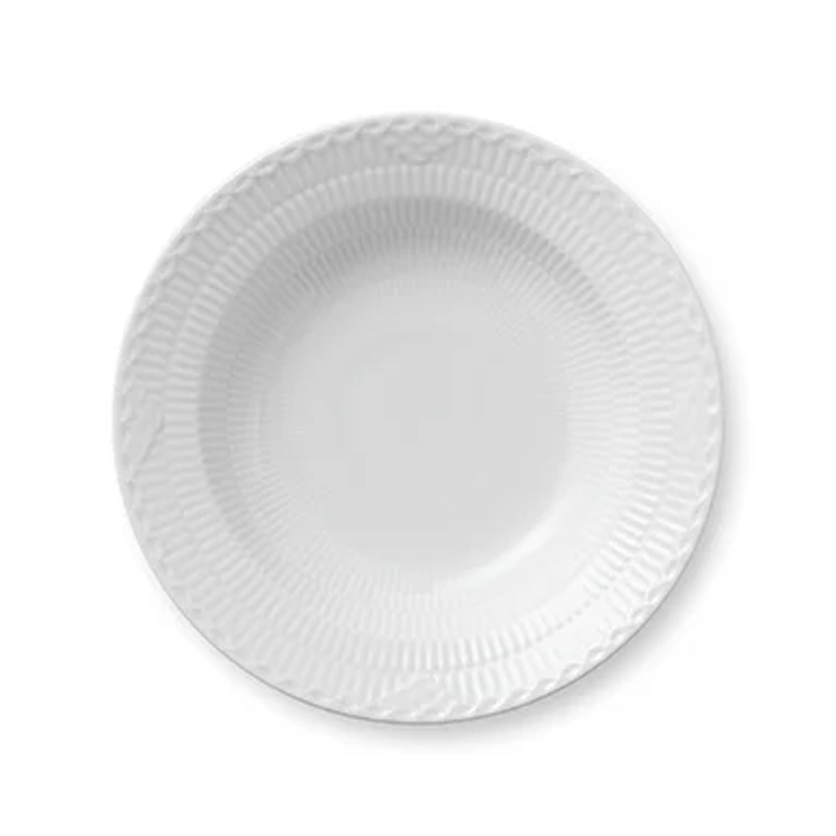 Top view of White Fluted Half Lace Plate Deep showcasing its fluted rim and deep bowl with a white background