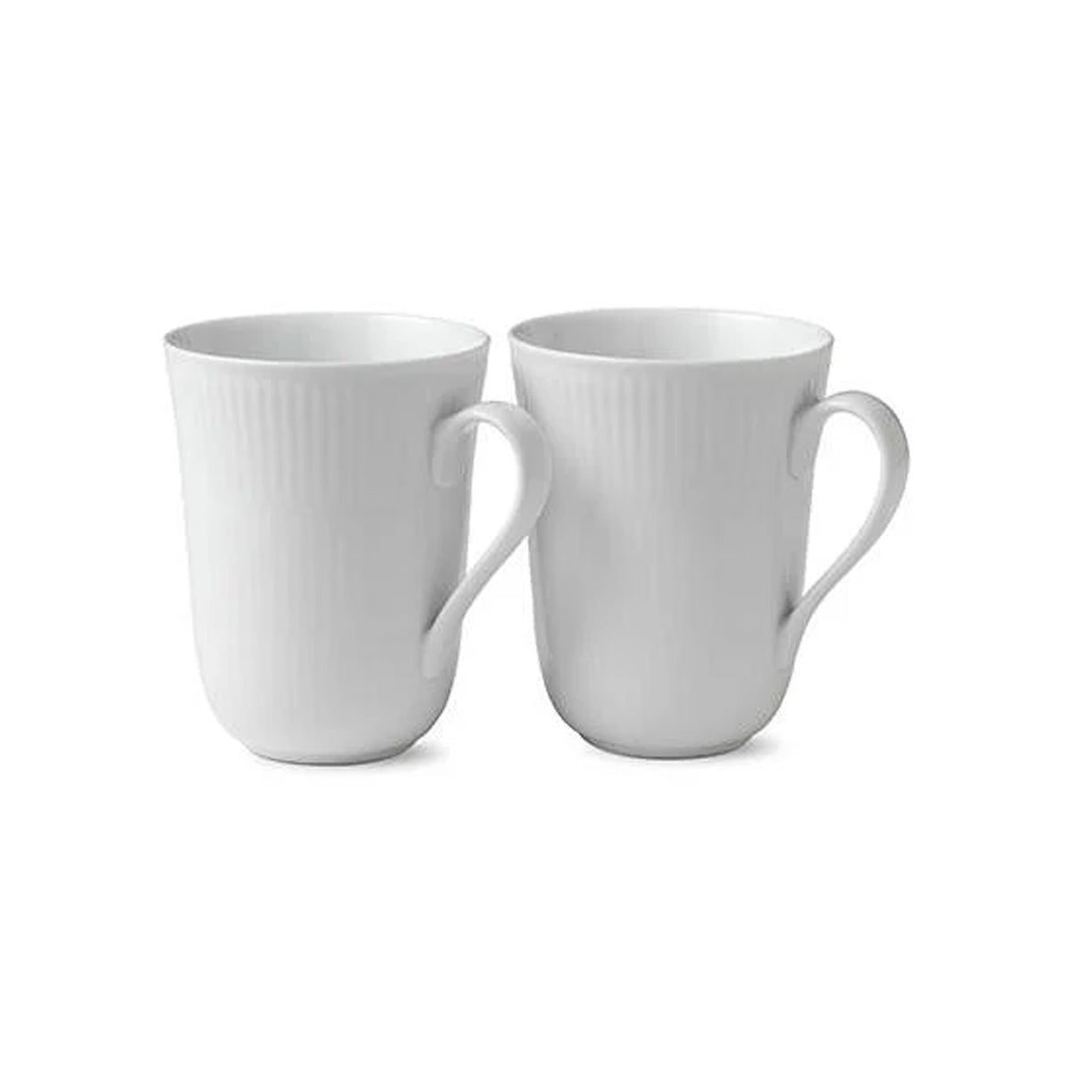 Front view of White Fluted Mug 11 oz, set of 2 showcasing vertical fluting and curved handles with a white background