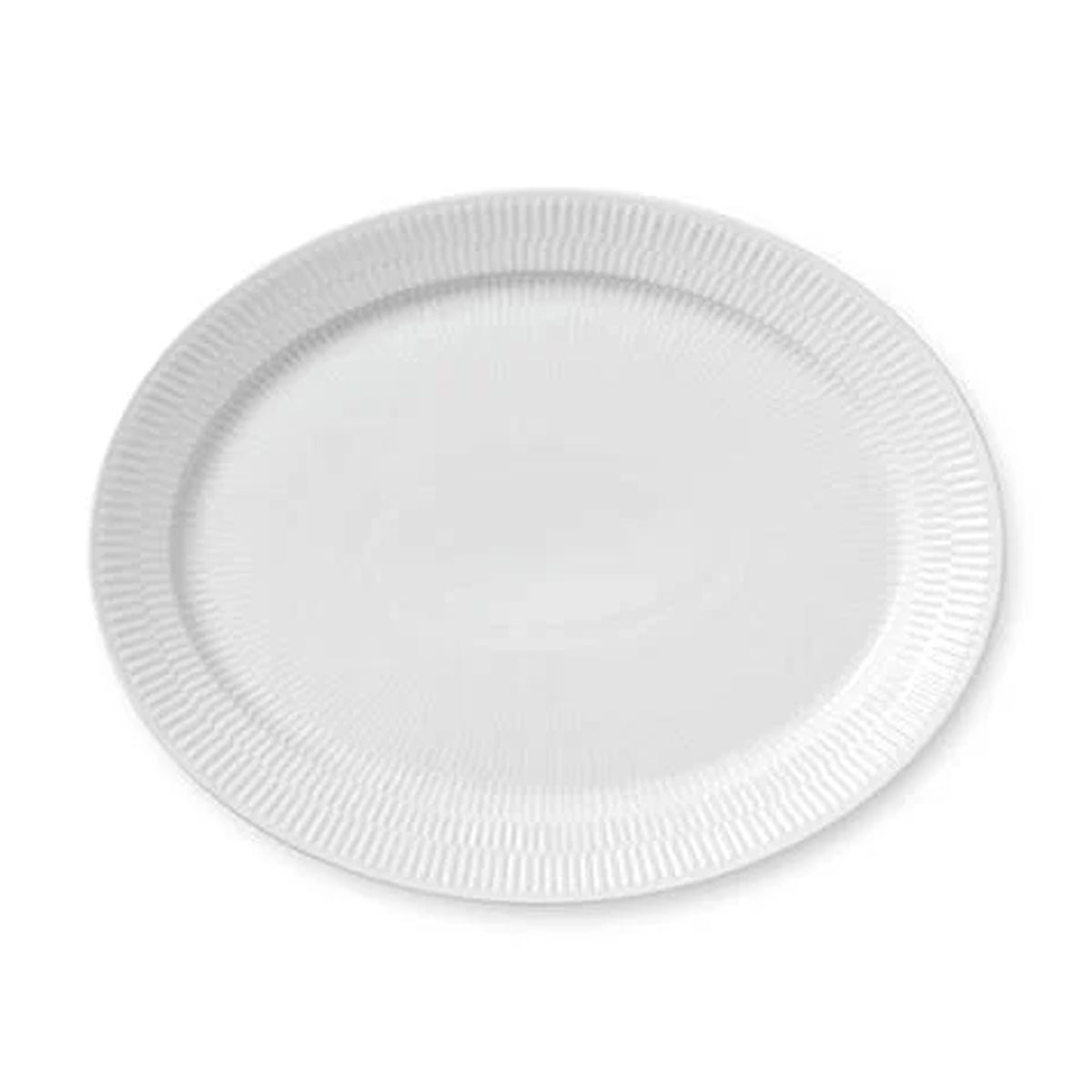Front view of White Fluted Oval Platter 13.5 inches showcasing its raised fluted rim with a white background
