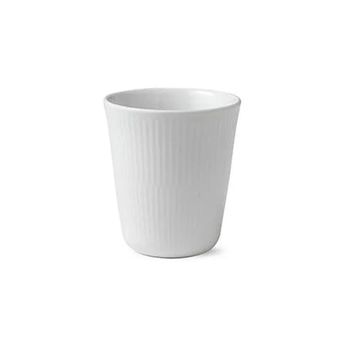 Front view of White Fluted Thermal Cup 9.75 oz showcasing vertical fluted porcelain design with a white background