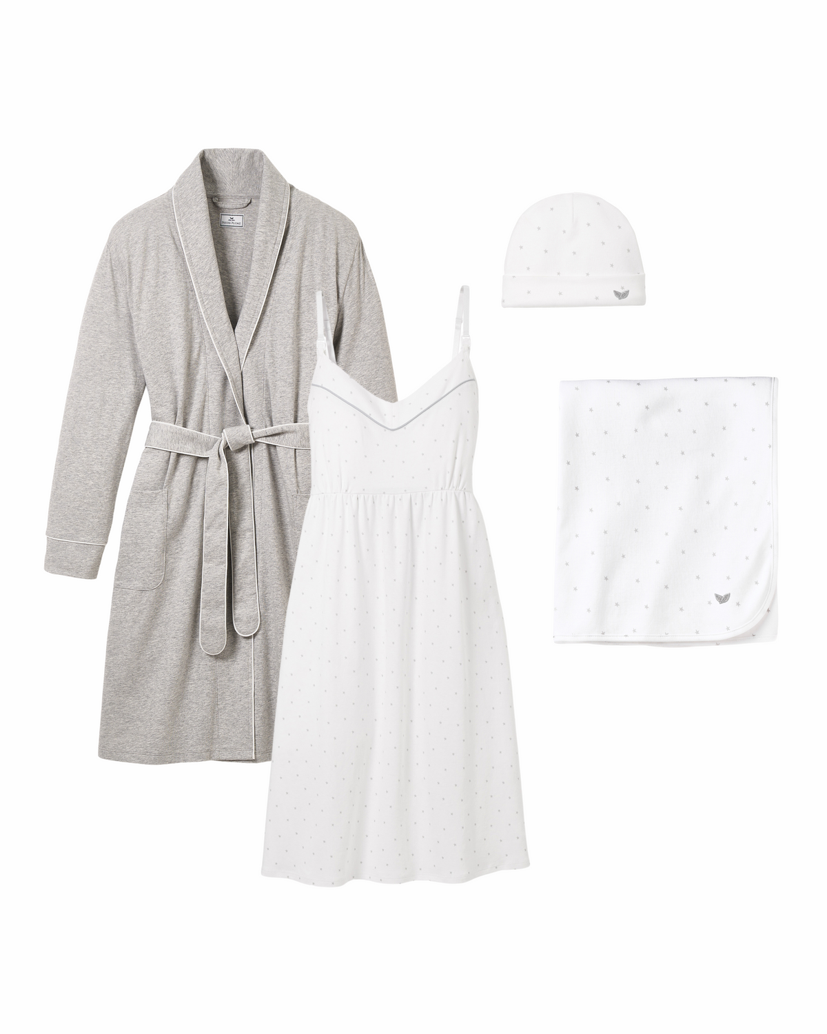 Front view of The Hospital Stay Luxe Set showcasing robe, star-patterned nightgown, baby blanket, and hat on white