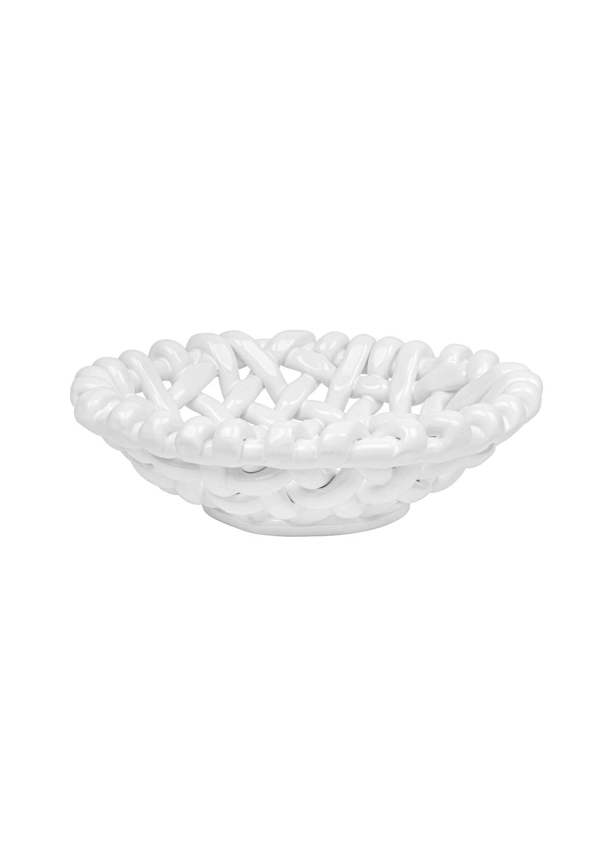 Front view of White Basketweave Bowl with handwoven ceramic texture and glossy white glaze on transparent background