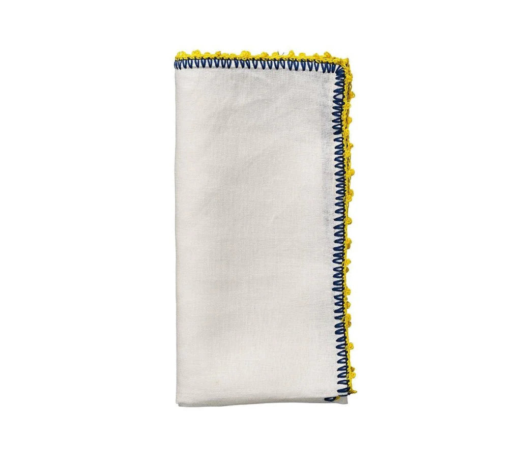 Knotted Edge Napkin in White, Blue & Yellow, Set of 4