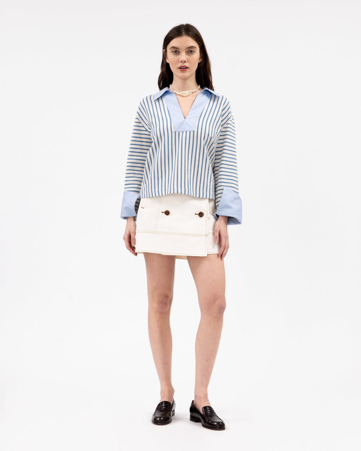 Whitney Top in Cream & Blue Bird Thin Stripe