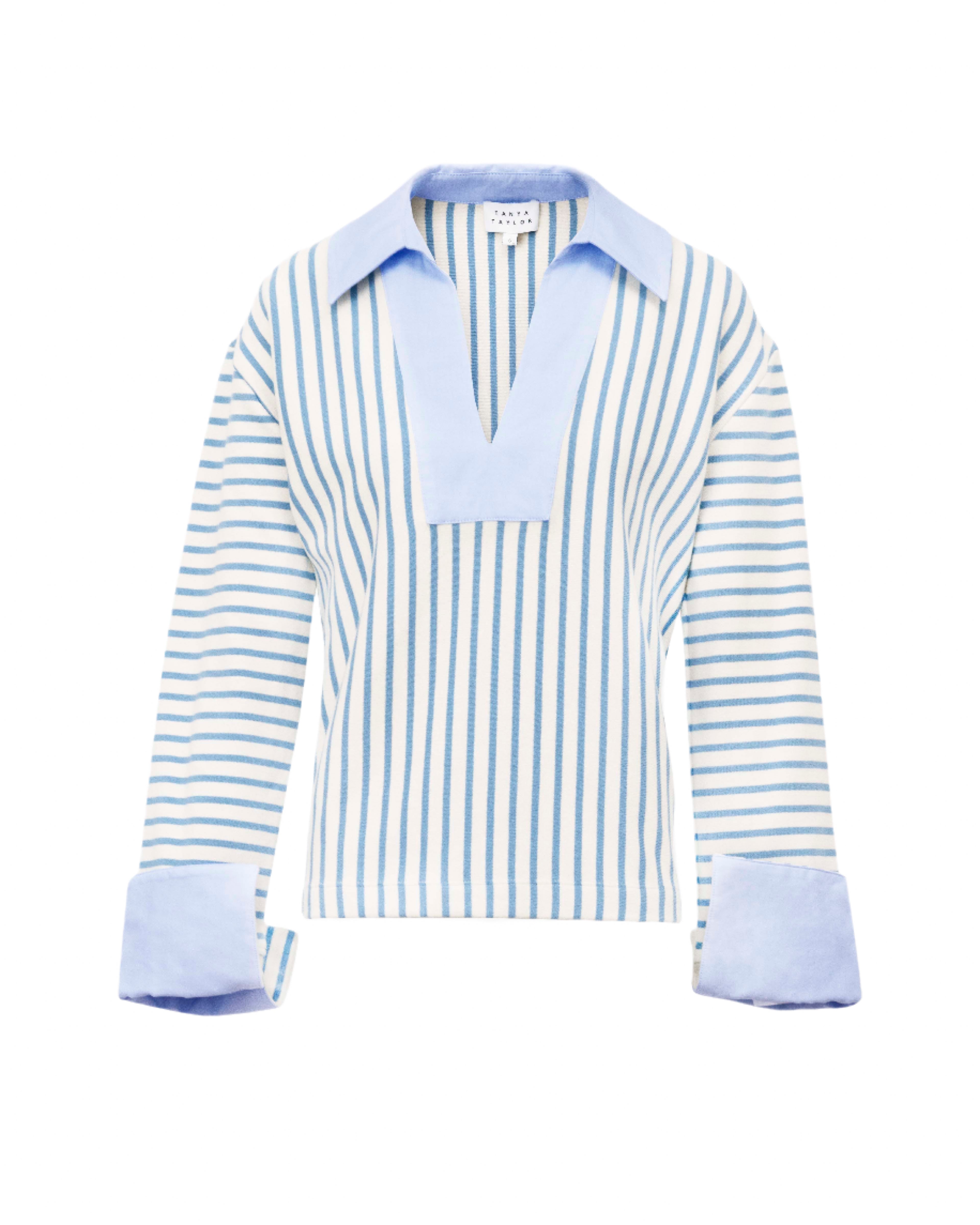 Whitney Top in Cream & Blue Bird Thin Stripe